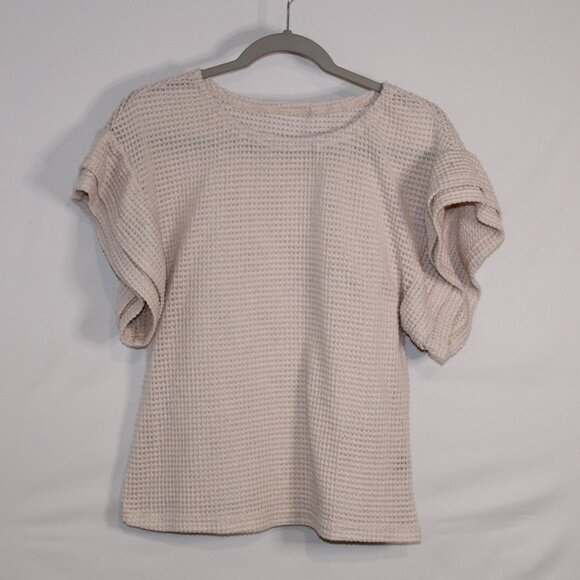 Shein light beige waffle texture round neck ruffle short sleeve blouse M - Picture 1 of 6